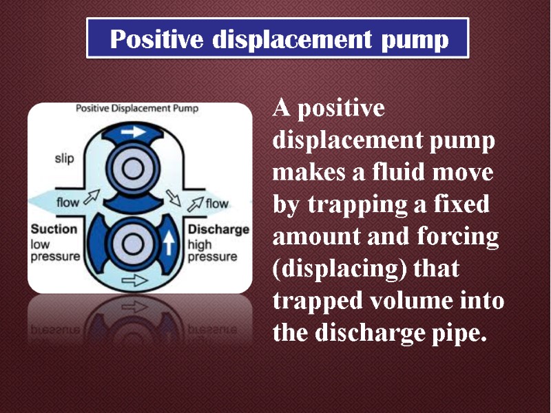 A positive displacement pump makes a fluid move by trapping a fixed amount and